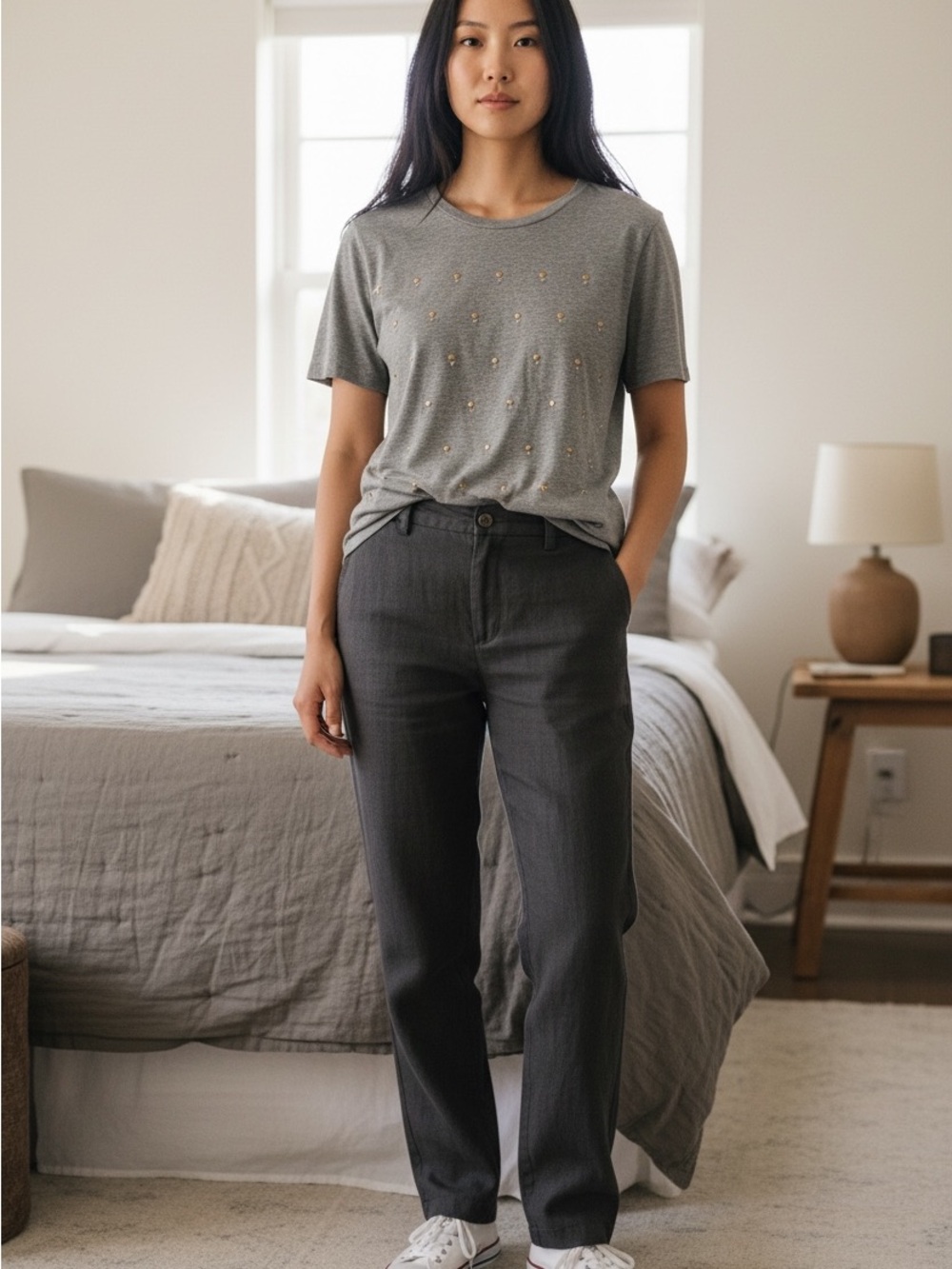 J. Crew Grey Short Sleeve Tee with Gold Stud Accents